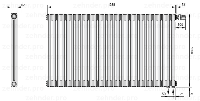 Схема (чертеж) Радиатор Zehnder Charleston 2150/28 №V002 Белый глянцевый RAL 9016
